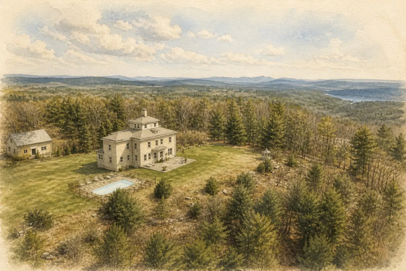 Painted WMR aerial portrait of the two-residence Baker Road estate and Catskills horizon