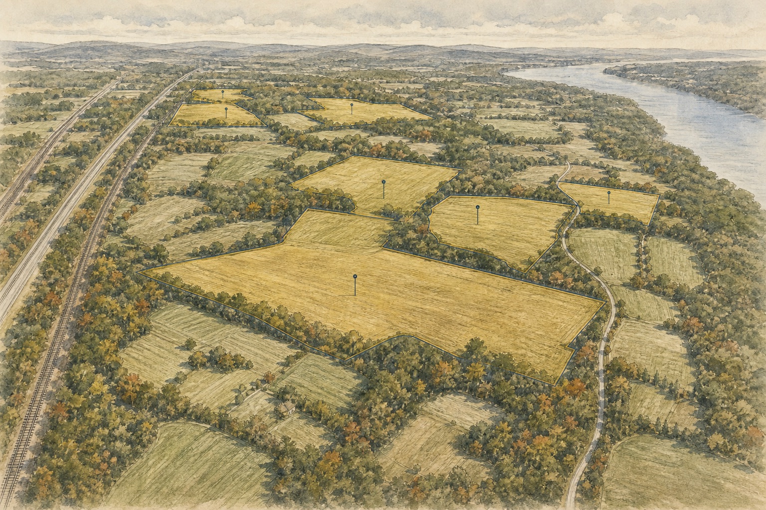 Painted WMR aerial field-guide view of the nearly 500-acre Hannacroix land assemblage between the transportation corridor and Hudson River
