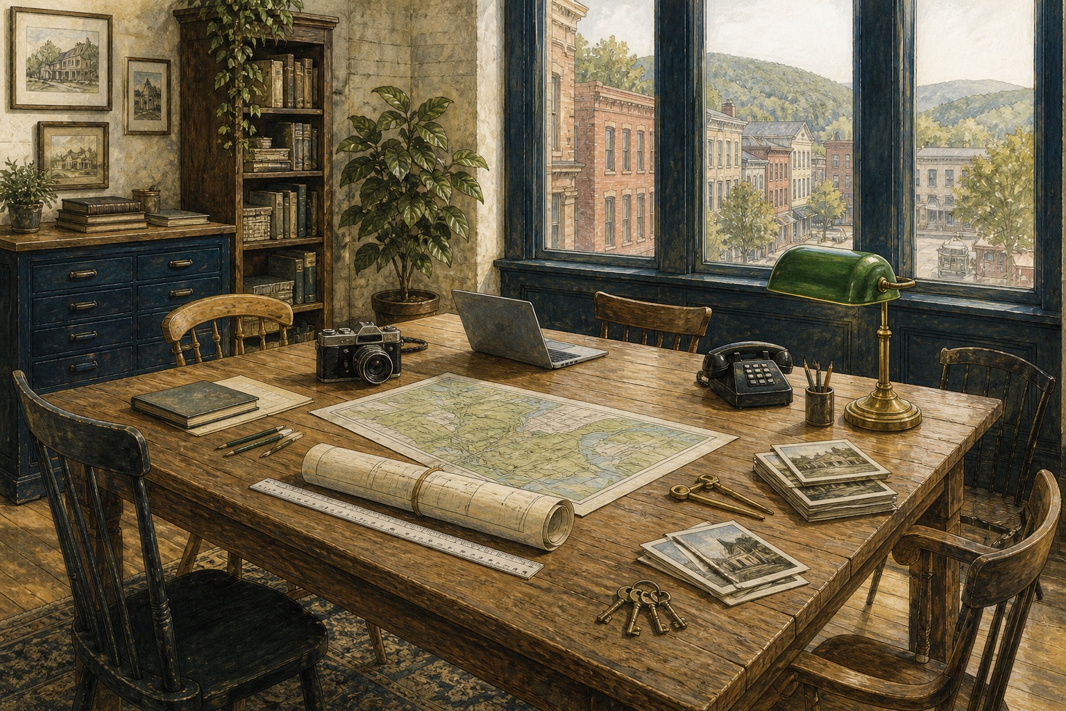 Illustrated shared WMR worktable with a map, survey, camera, telephone, keys, and empty chairs in a Kingston office